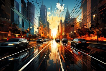 Fototapeta premium Traffic flow in a bustling city pop art