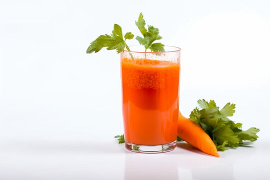a glass of carrot juice and mint leaves on a white background