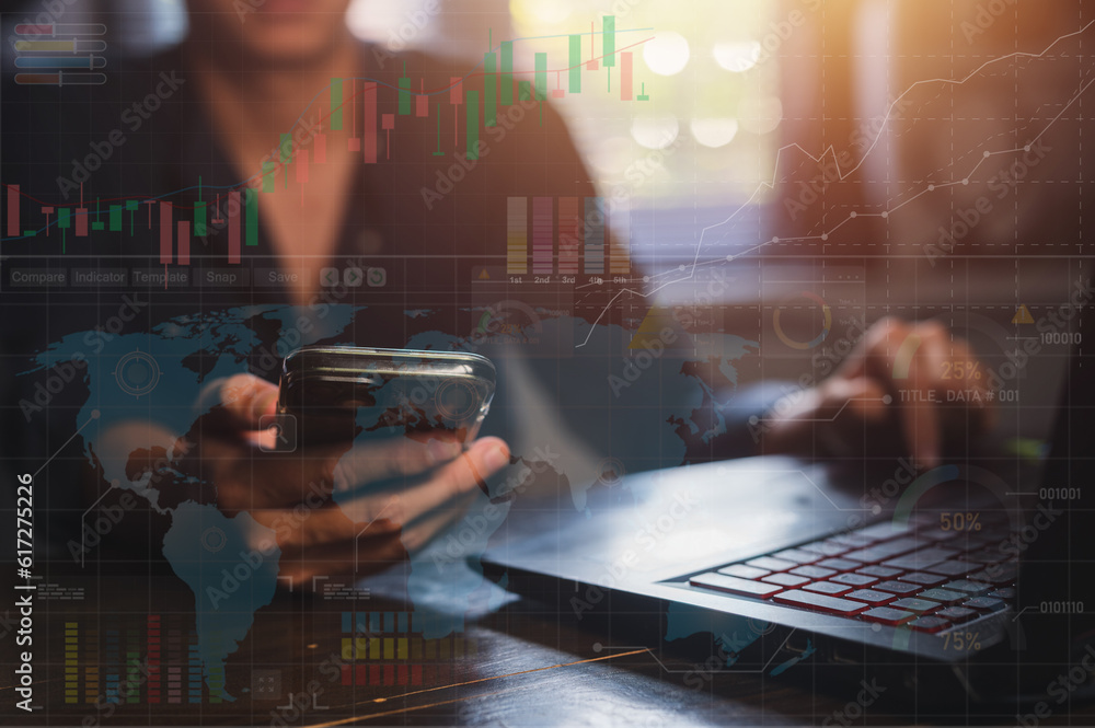 Poster hands of a businessman or trader showing a growing virtual holographic stock on a smartphone. planni