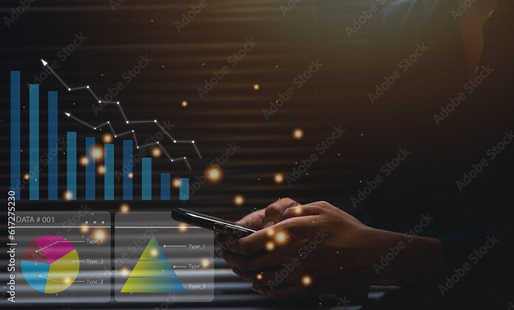 Poster hands of a businessman or trader showing a growing virtual holographic stock on a smartphone. planni