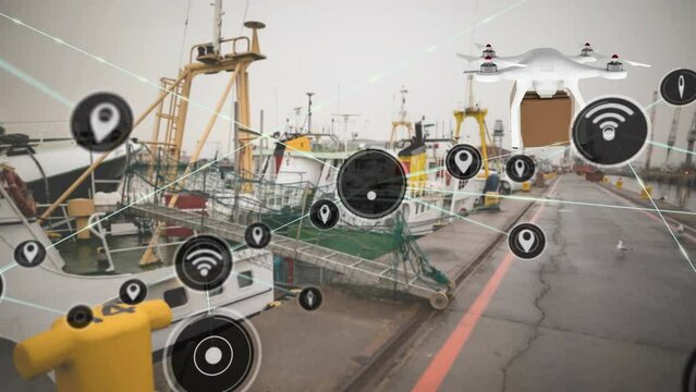 Animation of connected icons over flying drone carrying cardboard box against boats parked in dock