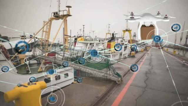Animation of connected icons over flying drone carrying cardboard box against boats parked in dock