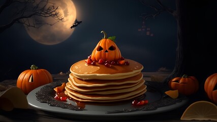 pancake with pumpkin and maple syrup toppings. in a scary Halloween background, Dessert for Halloween. product presentation concept. Generative AI - obrazy, fototapety, plakaty