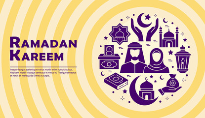 Ramadan Kareem banner template with icons. Set of saudi, people, family, arabia and others.