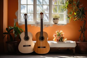 Spanish guitar in front of the wall. Generative AI