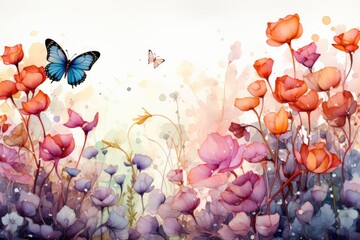 Watercolor painting of meadow flowers with butterflies. Generative AI