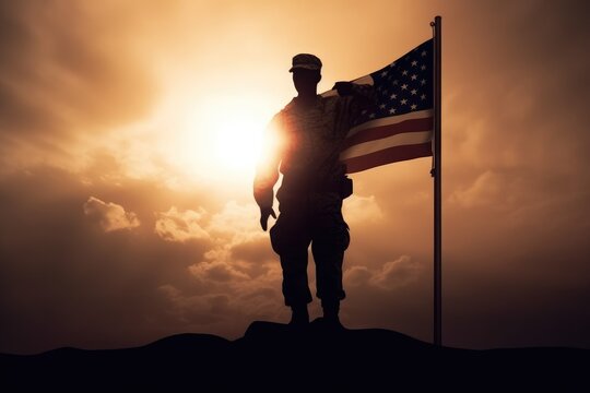Silhouette of a saluting soldier with USA flag. Generative AI