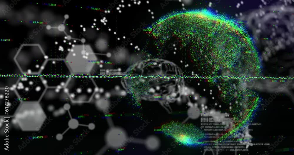 Poster animation of graph over dots forming dna helix over numbers around globe on black background