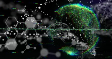 Animation of graph over dots forming dna helix over numbers around globe on black background - Powered by Adobe