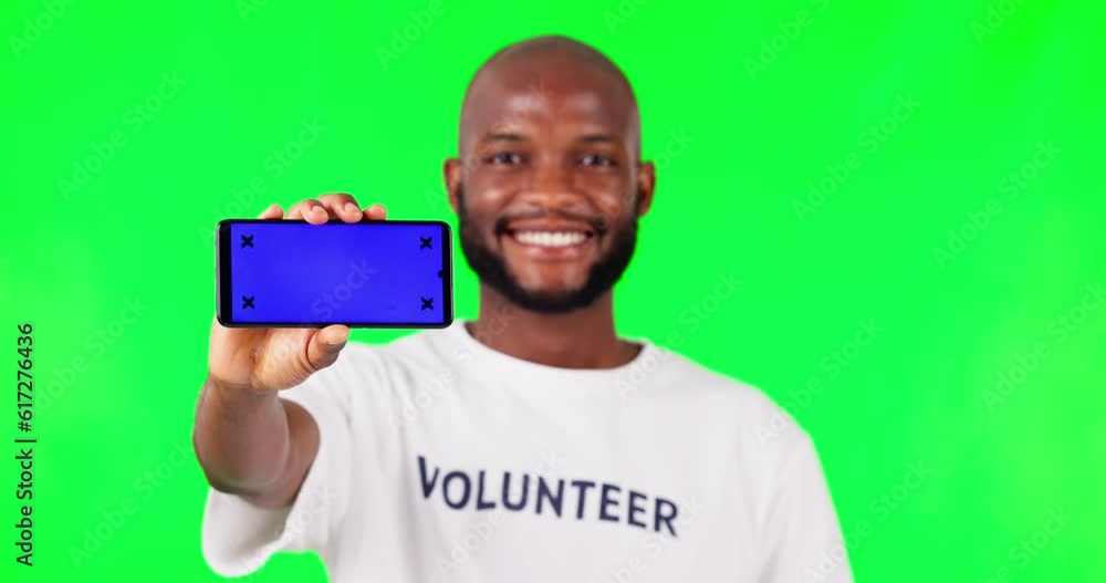 Poster smartphone, mockup with green screen and volunteer, black man and community service with app on stud