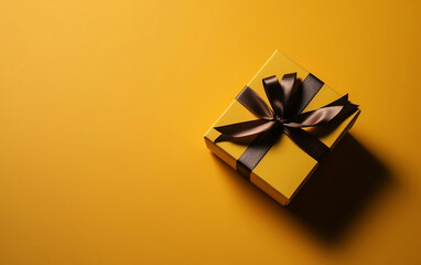 Obraz na płótnie Canvas Yellow gift box with black ribbon on yellow background. Generative AI