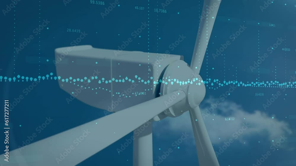 Poster animation of data processing over spinning windmill against clouds in the blue sky