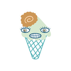 Crazy giggle face mint ice cream cone character with chocolate cookie. Perfect print for tee, sticker, poster. Cartoon vector illustration for decor and design.