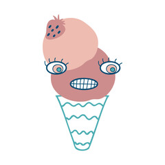Crazy giggle face strawberry ice cream cone character. Perfect print for tee, sticker, poster. Cartoon vector illustration for decor and design.