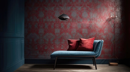 Vintage interior with blue chaiselounge and wallpaper