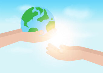 Hand Holding World in Concept Save Energy. Save the World. Environment day concept. Vector Illustration. 