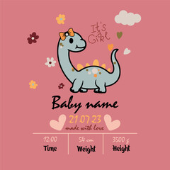 birthday card with dino  and heart, its a girl kids party invitation, baby shower invitation templates with cute dinosaurs, happy birthday card with dino, birthday party invitation with cute dinosaur