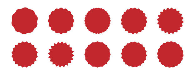 Wavy edge circle sticker. Star burst shape tags for price. Blank sale round sticker. Empty promo badge. Simple circle red wax seal. Vector illustrations set isolated on white background.