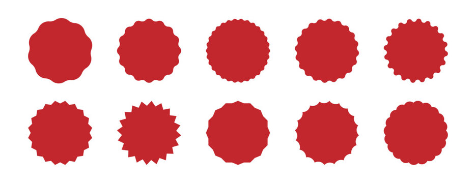 Wavy edge circle sticker. Star burst shape tags for price. Blank sale round sticker. Empty promo badge. Simple circle red wax seal. Vector illustrations set isolated on white background.