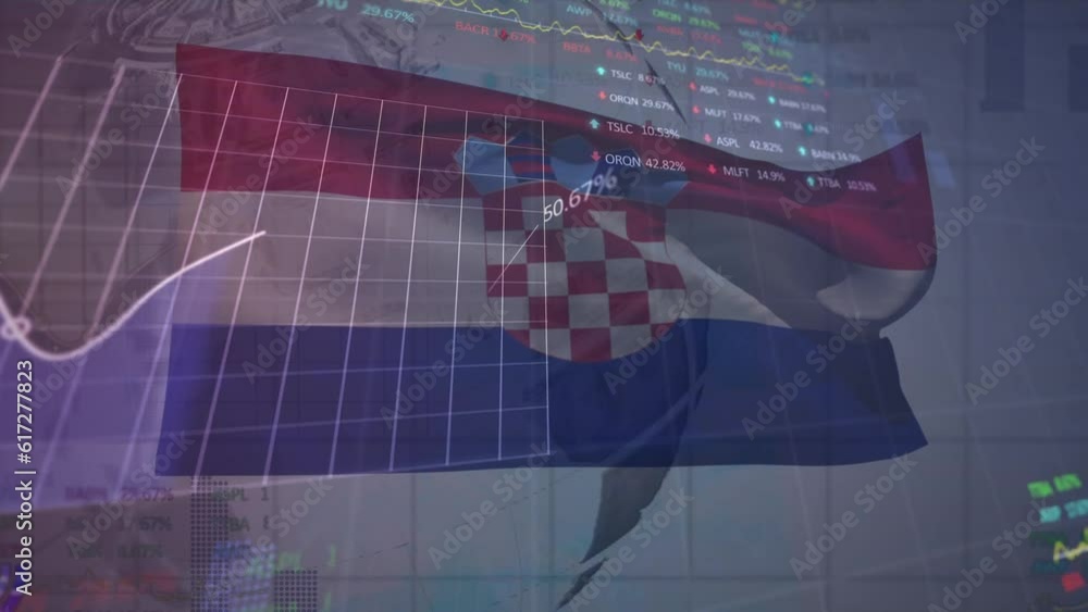 Poster animation of graphs and trading boards over flag of croatia against currency on rotating globe