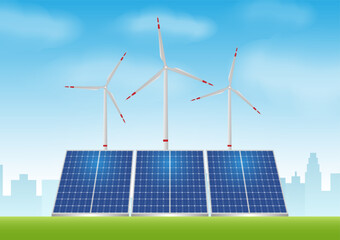 Wind Turbine with Solar Panel. Green City. Alternative Clean and Green Energy. Eco-Friendly Concept. Vector Illustration. 