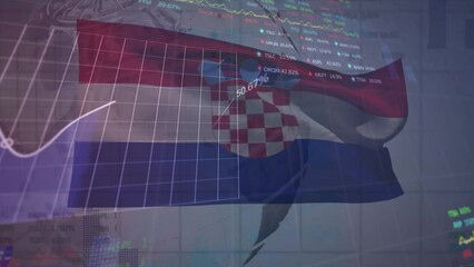 Animation of graphs and trading boards over flag of croatia against currency on rotating globe - Powered by Adobe