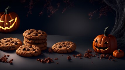 Halloween Chocolate chip cookies, and pumpkins. Halloween background. Generative AI