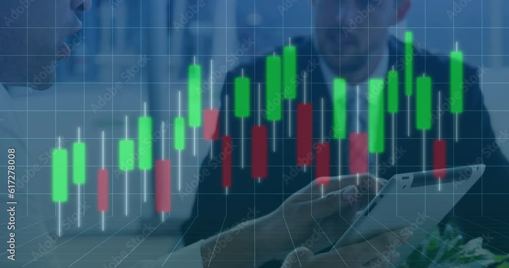 Poster animation of graph over grid pattern against diverse coworkers discussing reports on digital tablet