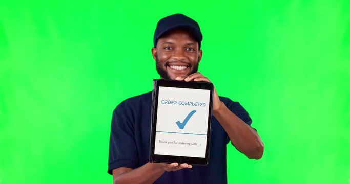 Happy black man, tablet and payment on green screen for order completed or successful transaction. Portrait of African male person with technology display for purchase approval, checkout or ecommerce