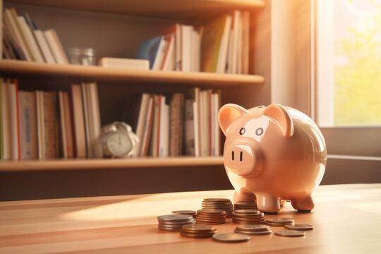 Piggy bank with coin stack on the table and book shelf background. Picture for investment, finance, banking and saving money concept. Generative AI