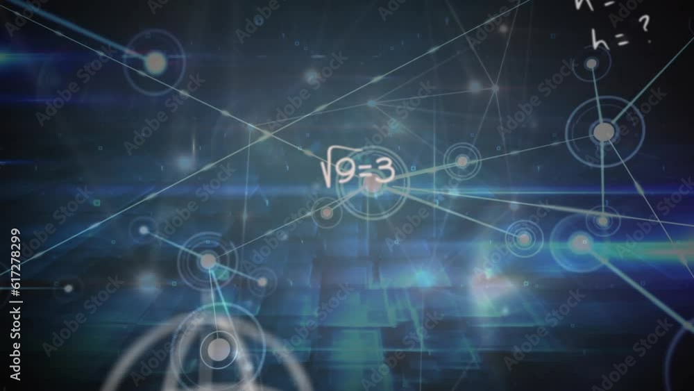 Poster animation of mathematical equations over lens flares and connected dots on abstract background