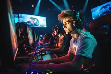 Fototapeta na wymiar Esports Gamer Focused on Game during an E-Sports Event in an Arena - Closely looking at Screen wearing a Headset - Fully Immersed - generative ai - imaginary person