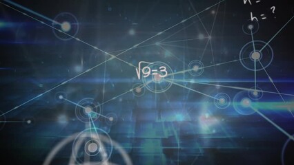 Animation of mathematical equations over lens flares and connected dots on abstract background - Powered by Adobe
