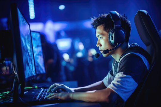 Esports Gamer Focused On Game During An E-Sports Event In An Arena - Closely Looking At Screen Wearing A Headset And Team Jersey In Blue And White - Fully Immersed - Generative Ai - Imaginary Person