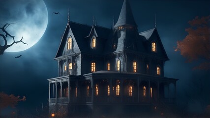 Fototapeta na wymiar haunted house castle, Halloween night scene background. Generative AI