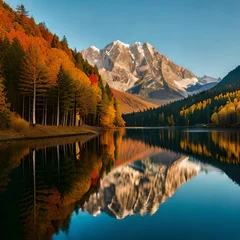 Photo sur Plexiglas Réflexion A serene mountain landscape with snow-capped peaks piercing through the clouds, a tranquil alpine lake reflecting the vibrant colors of the surrounding autumn foliage