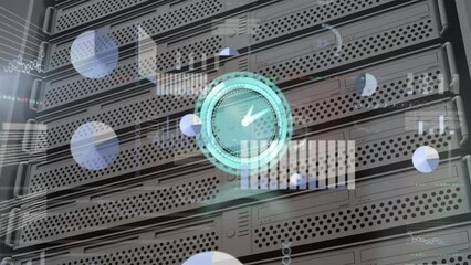 Animation of clock, graphs, trading board and loading bars against server racks in background - Powered by Adobe