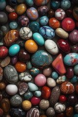 Fototapeta na wymiar Colorful Sea pebbles, gems background. Smooth and Shiny Blue, pink, orange stones multicolored backdrop. Generative AI.
