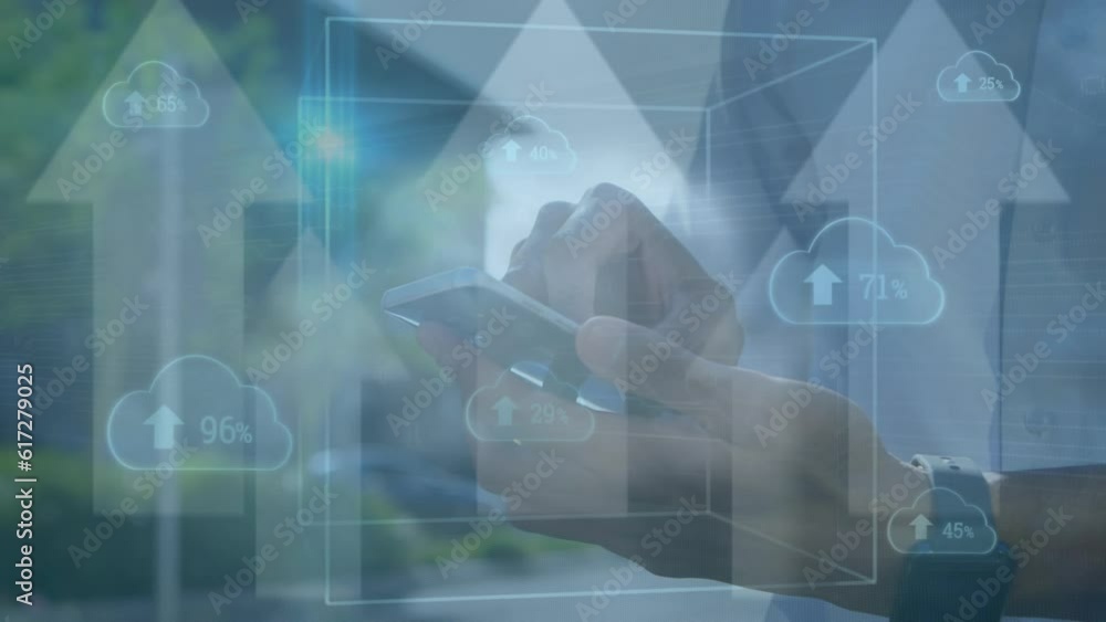 Poster animation of arrows, changing numbers, arrow in clouds, midsection of biracial man using cellphone