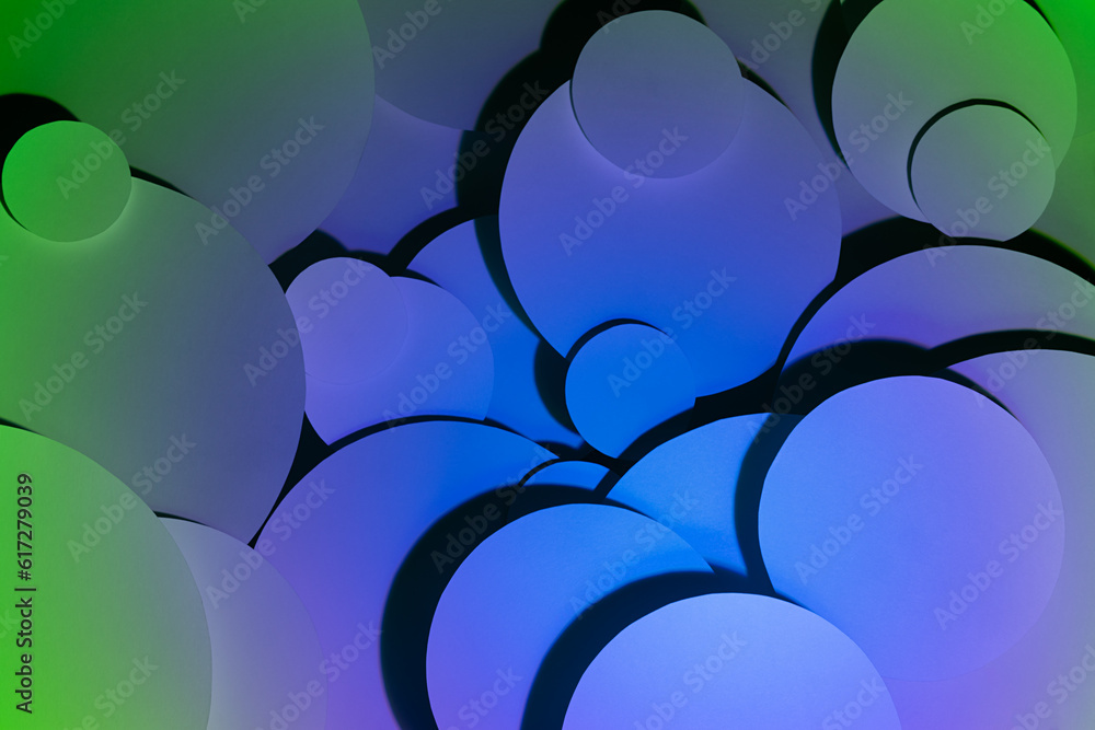 Poster deep blue green violet gradient abstract background of soar paper circles pattern, top view, backdro