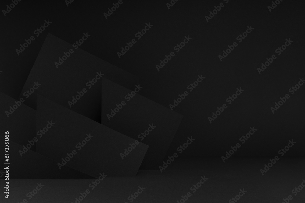 Poster rich black stage mockup with abstract geometric pattern of angles, polygonal shapes and triangles as