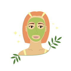 Girl with herbal cosmetic mask applied to face. Young woman using natural facial skin care product. Organic self care. Beauty daily routine. Flat vector illustration