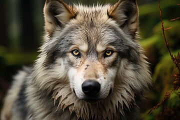 Naklejka na ściany i meble A large male gray wolf in the forest. Generative AI