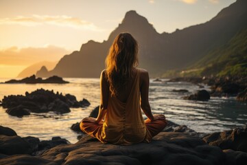 Fototapeta premium Meditating in yoga pose on the beach, ocean and rock mountains. Generative AI