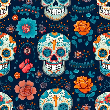 Seamless pattern with sugar skulls and flowers. Day of the Dead.