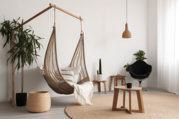 3d rendering image of a hanging chair, in the style of jazzy interiors, minimalist sets