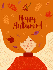 Autumn vector illustration with woman with leaves in hair. Happy autumn phrase.