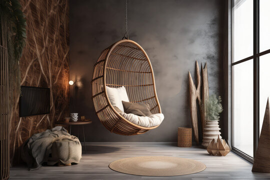 3d rendering image of a hanging chair, in the style of jazzy interiors, minimalist sets