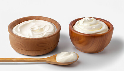 Sour cream in wooden bowl and spoon, mayonnaise, yogurt, isolated on white background
