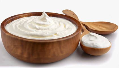 Sour cream in wooden bowl and spoon, mayonnaise, yogurt, isolated on white background